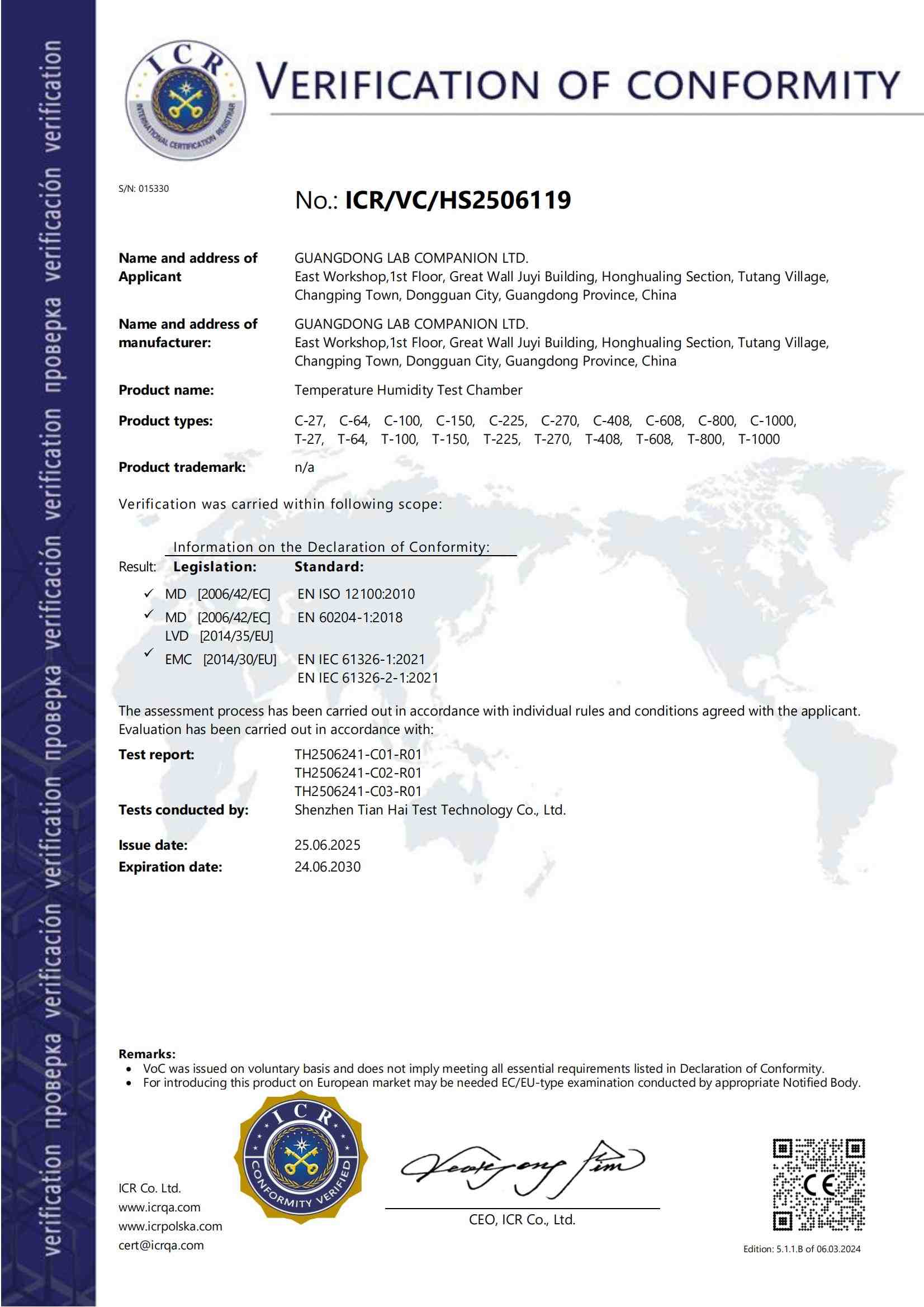 GUANGDONG LAB COMPANION LTD has obtained international certification for its temperature and humidity test box, which will help expand the European market GUANGDONG LAB COMPANION LTD has obtained international certification for its temperature and humidity test box, which will help expand the European market